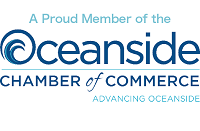 Oceanside Chamber of Commerce brand logo against white background. It says above "I am a proud member of" with the slogan, "Advancing Oceanside" below.