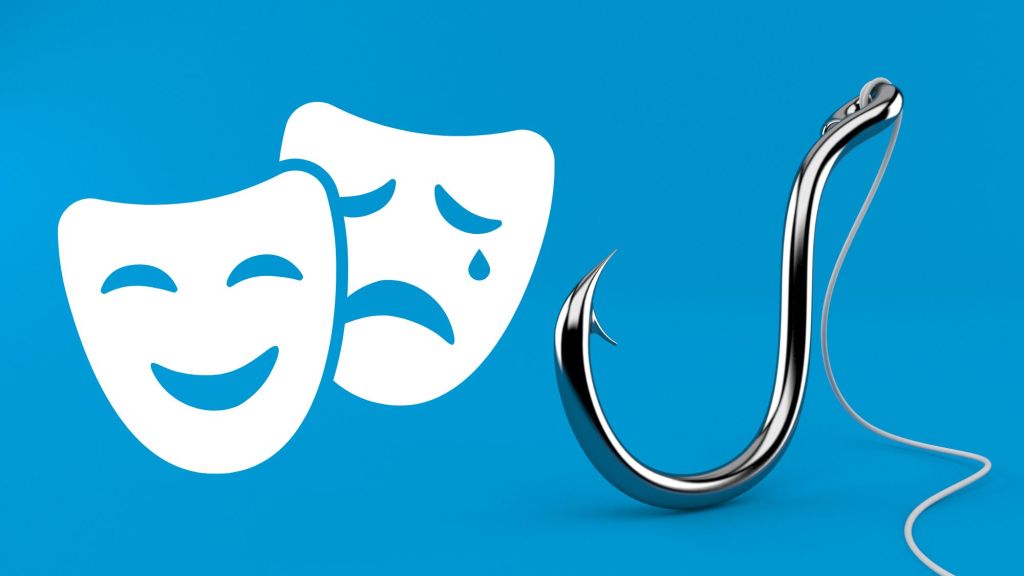 A blue background with happy and sad drama masks as well as fishing hook to represent the title of the blog section.