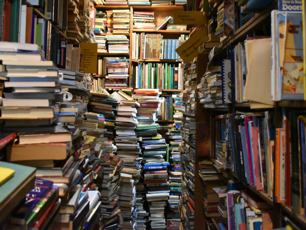 A narrow passage filled with towering stacks of books on both sides, creating a cozy, crowded atmosphere. Various titles and colors cover the shelves from floor to ceiling, evoking the charm of a quaint, cluttered bookshop.