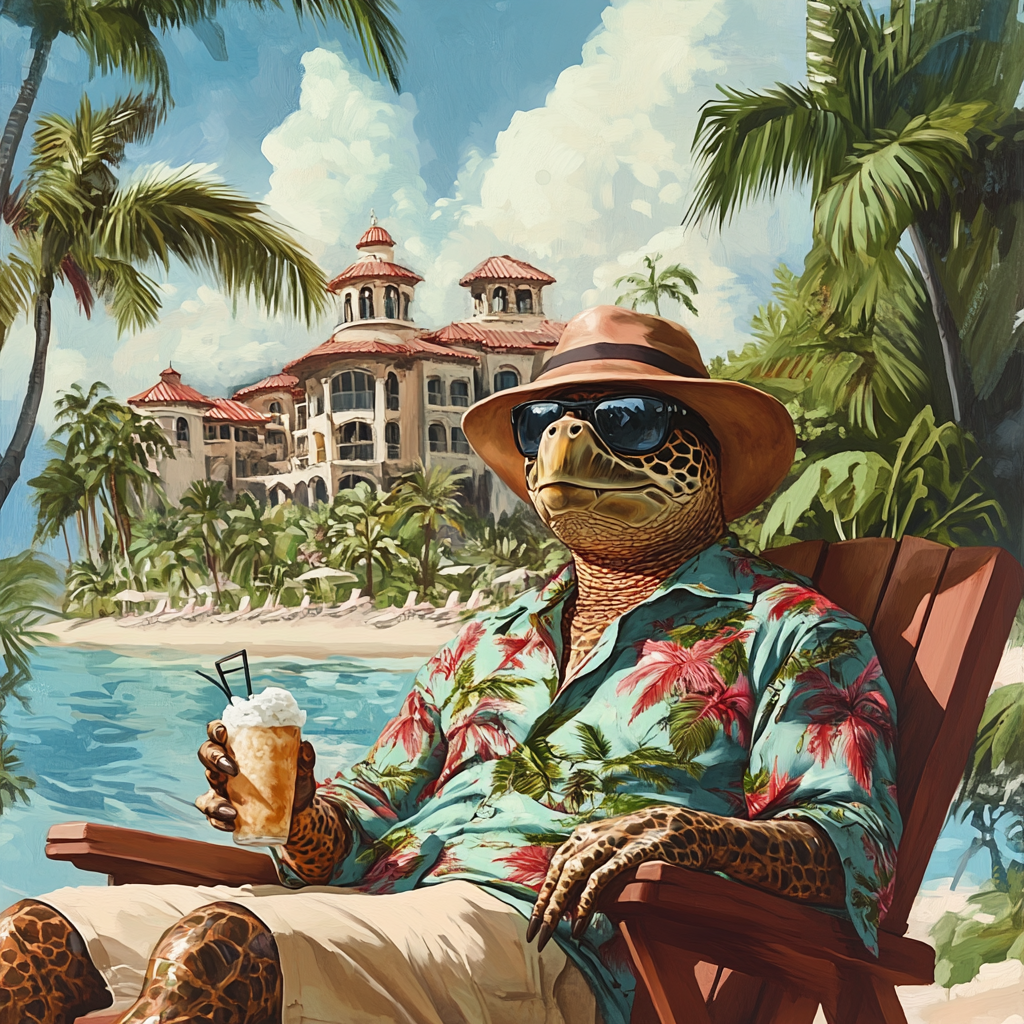 A turtle wearing a tropical shirt, sunglasses, and a hat relaxes in a deck chair by the beach, holding a drink. Palm trees and a luxury resort are in the background.