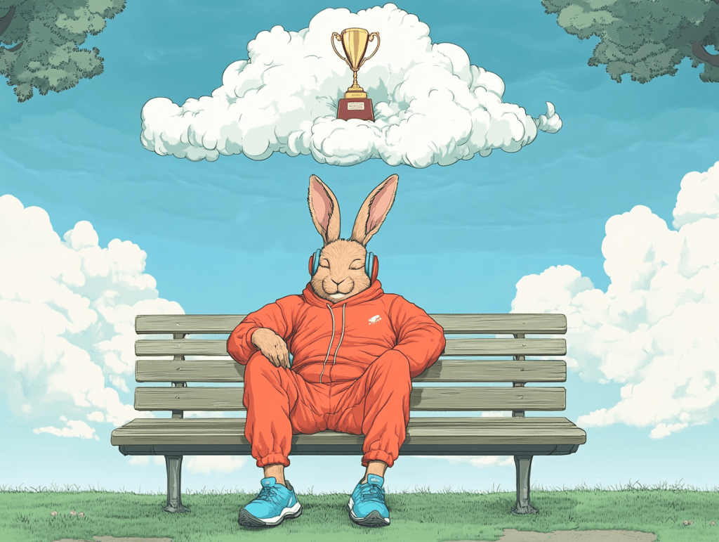 A rabbit in an orange tracksuit and blue sneakers sits relaxed on a park bench, wearing headphones. He is dreaming about winning the race he is running against the tortoise. He has taken a break on this park bench to take a nap before finishing the race. Above, the cloud holds a golden trophy. The sky is bright with fluffy clouds and trees in the background.