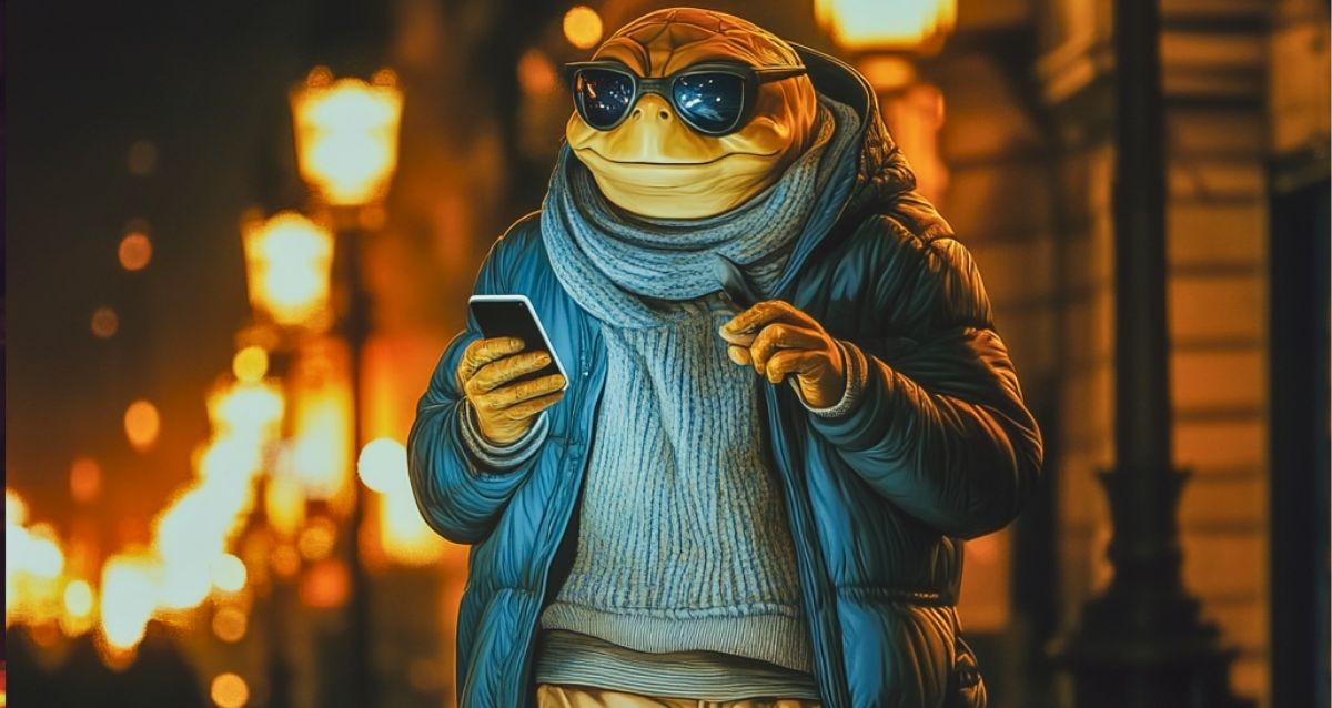 An MP Storytelling spokesperson, a human turtle wearing sunglasses, a knit sweater, and a puffy jacket stands on a city street at night, holding a smartphone. The background is illuminated by streetlights, creating a warm, glowing atmosphere.