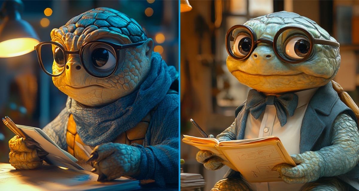 Two cute, cartoonish turtle characters wearing glasses sit side by side. The turtle on the left has a blue scarf, holding a pencil and paper. The turtle on the right wears a vest and bow tie, holding open a book. The setting is cozy and warmly lit.