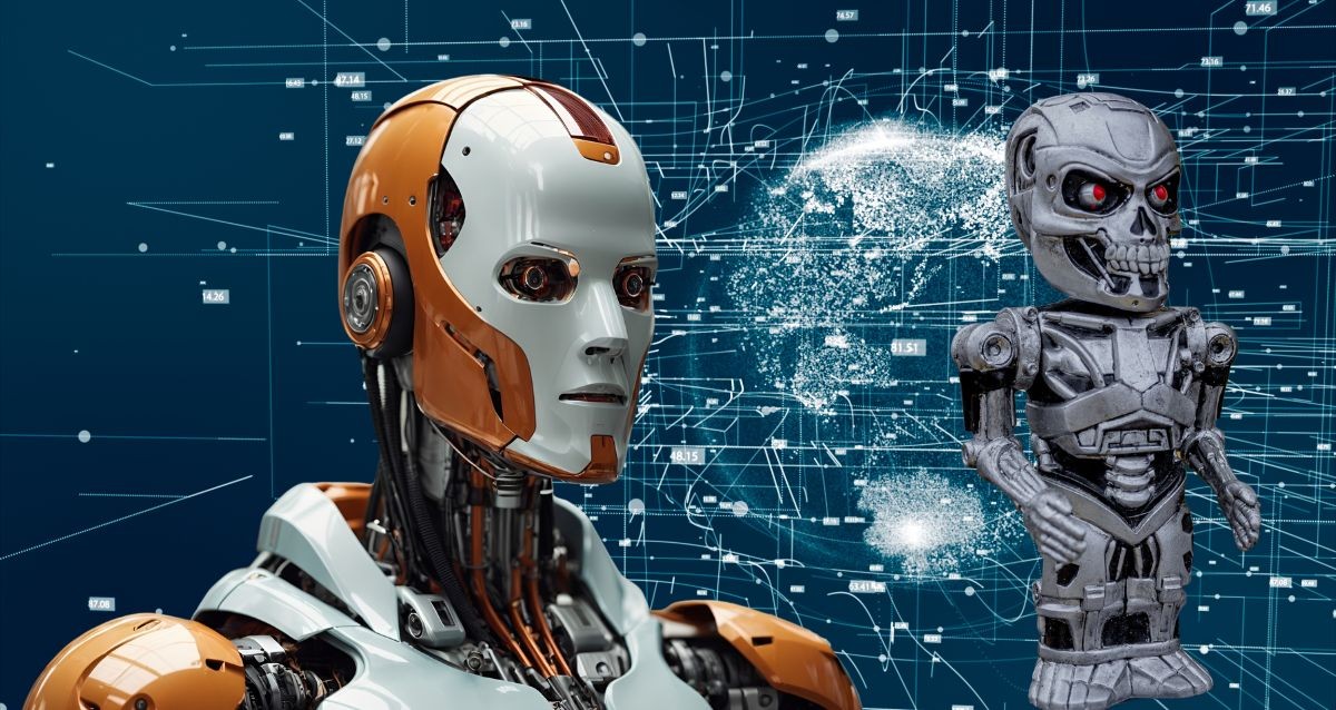 Two robots stand against a digital backdrop featuring interconnected lines and data points. The left robot is humanoid with a white and orange design. The right robot is a terminator action figure or prop. It is smaller, gray, and skeletal with glowing red eyes.