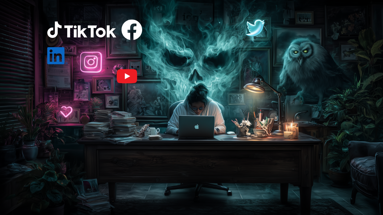 A person sits at a desk with a laptop in a dimly lit room, surrounded by cluttered papers. Social media logos float around, and a ghostly skull and an owl loom behind, creating an eerie atmosphere.