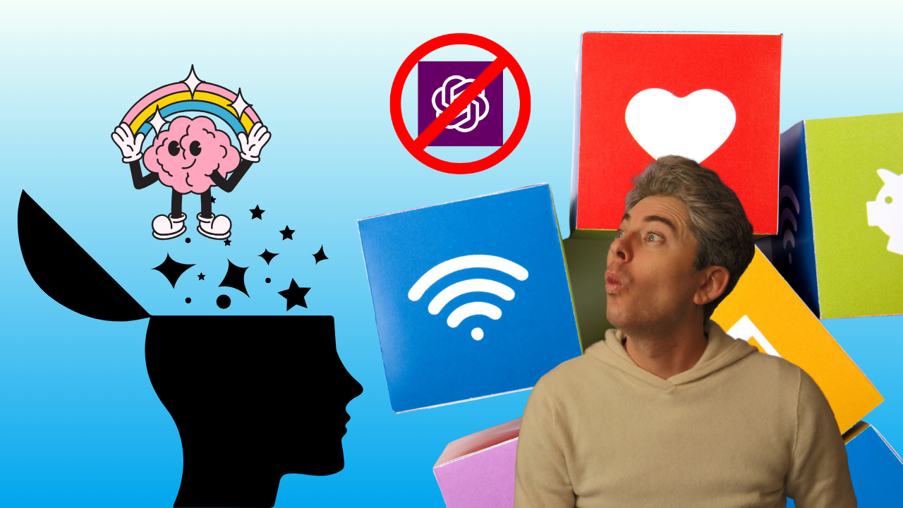 Matthew in a white sweatshirt looks at colorful cubes with icons like a heart for likes and Wi-Fi. Above, a silhouetted head releases sparkles and a cartoon brain holding a rainbow. A no symbol overlays the ChatGPT logo. Background is a light to darker blue gradient.