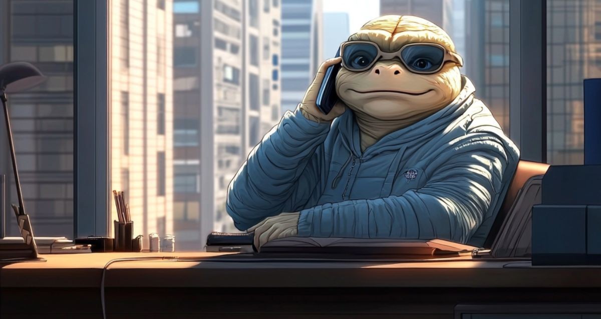 A turtle-like person, the spokesperson for MP Storytelling wearing a hoodie and sunglasses sits at a desk in an office, holding a smartphone to its ear. Skyscrapers are visible outside the large windows. The scene conveys a business-like atmosphere.