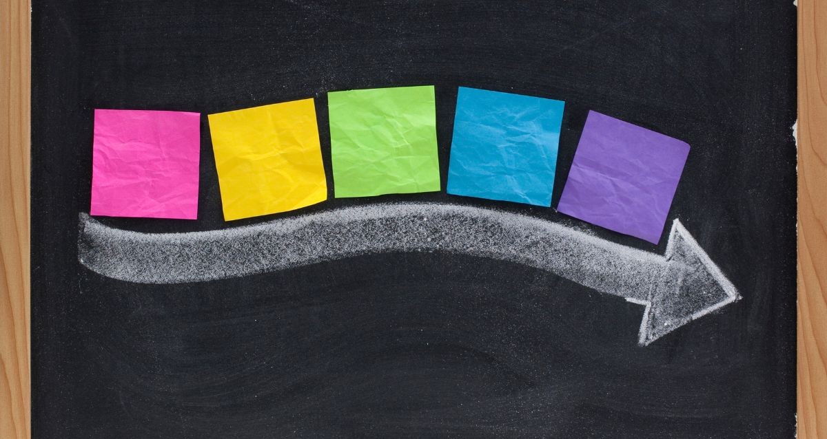 Five colored sticky notes (pink, yellow, green, blue, purple) are arranged in a row on a blackboard. A white chalk arrow curves around the notes, pointing to the right, suggesting a progression or sequence.