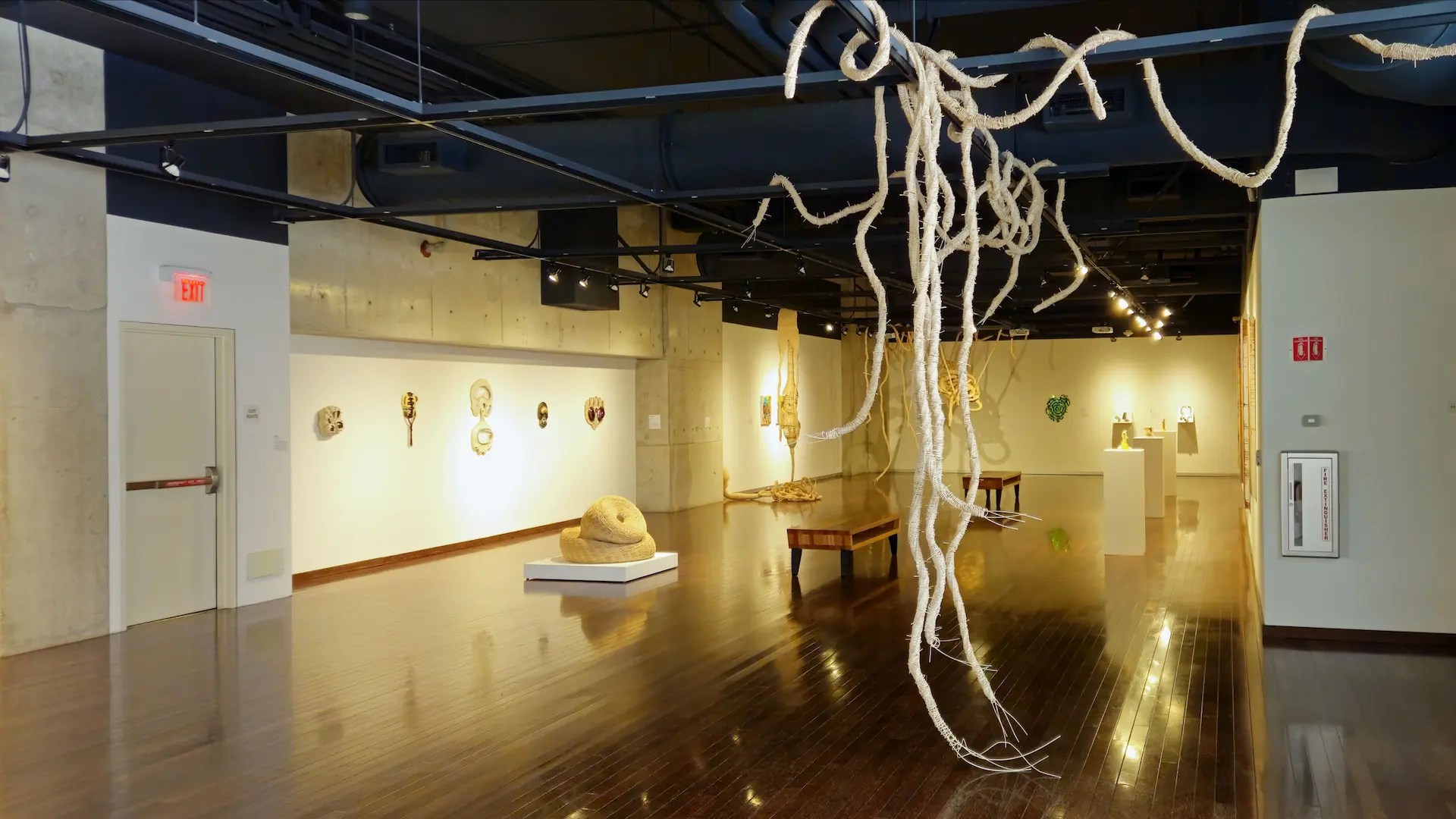Wide shot of the San Diego Central Library Art Gallery on the 7th floor in Downtown San Diego featuring hanging woven sculptures and wall-mounted art, filmed and documented by MP Storytelling.